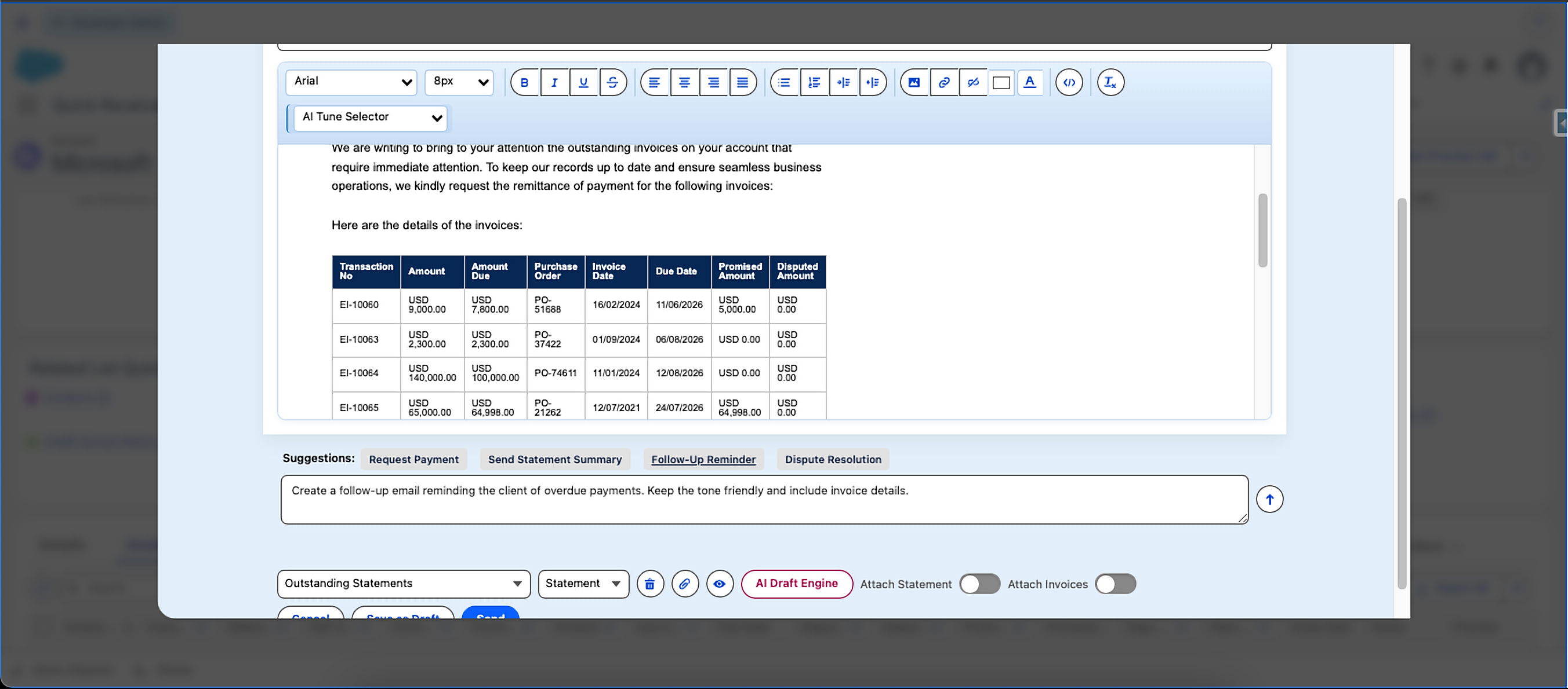 AI Draft Engine email composer with an invoice table and suggestion prompts