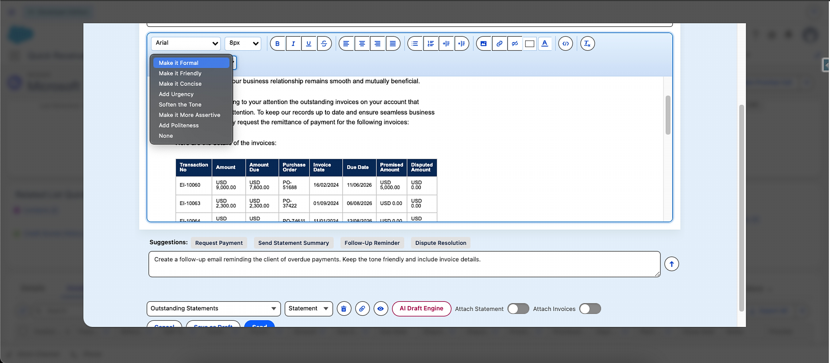 AI Tune Selector menu with tone options such as Make It Formal, Make It Friendly, and Add Urgency