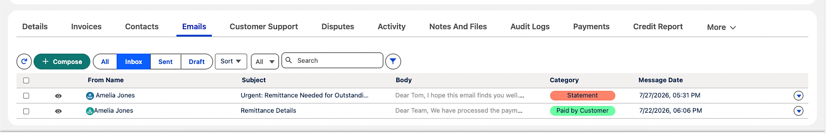 Emails tab on an account showing the shared AR inbox with category tags such as Statement and Paid by Customer