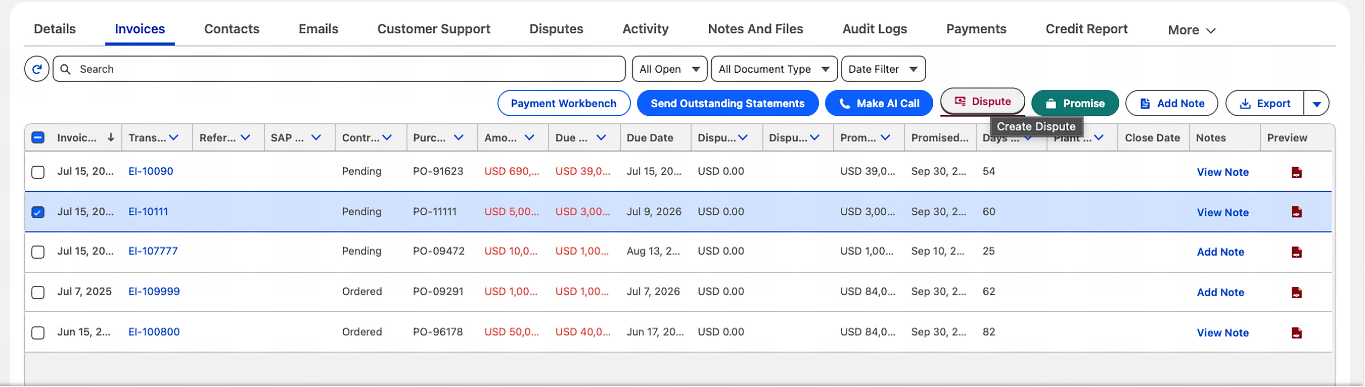 Invoices tab with an invoice selected and the Create Dispute button highlighted