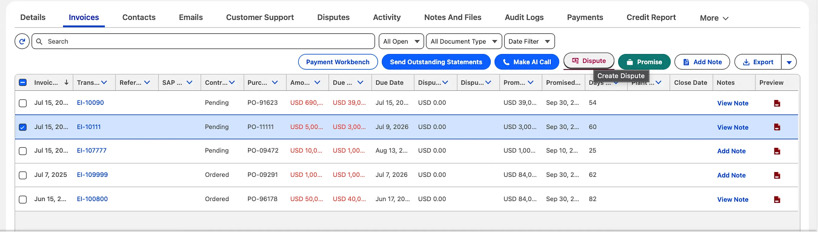 Invoices tab with an invoice selected and the Create Dispute button highlighted