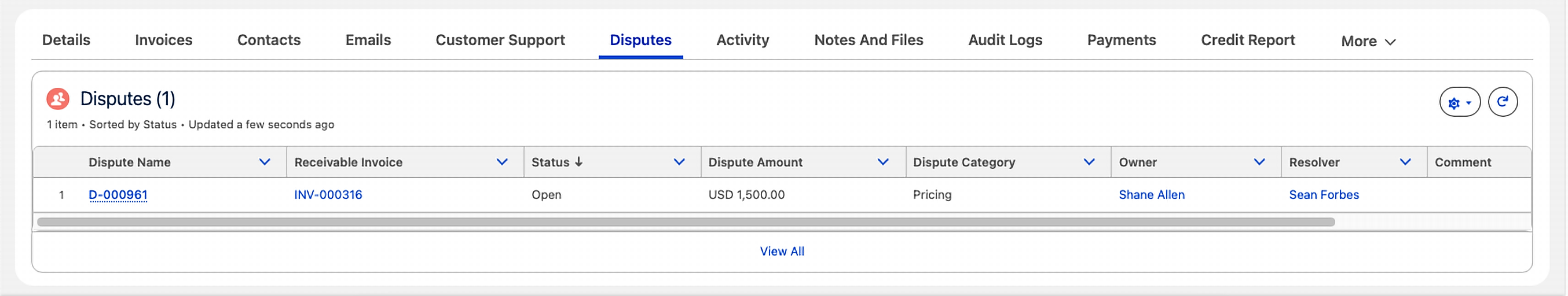 Disputes related list showing dispute name, receivable invoice, status, amount, category, owner, and resolver