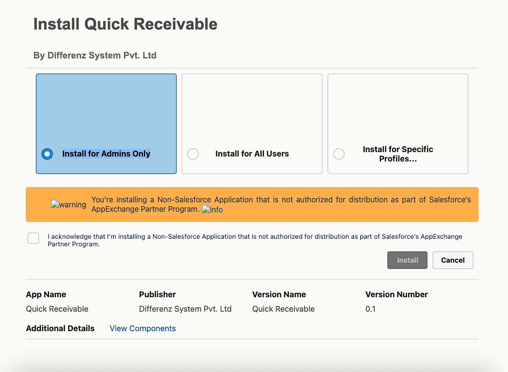 Quick Receivable package install screen with Install for Admins Only selected