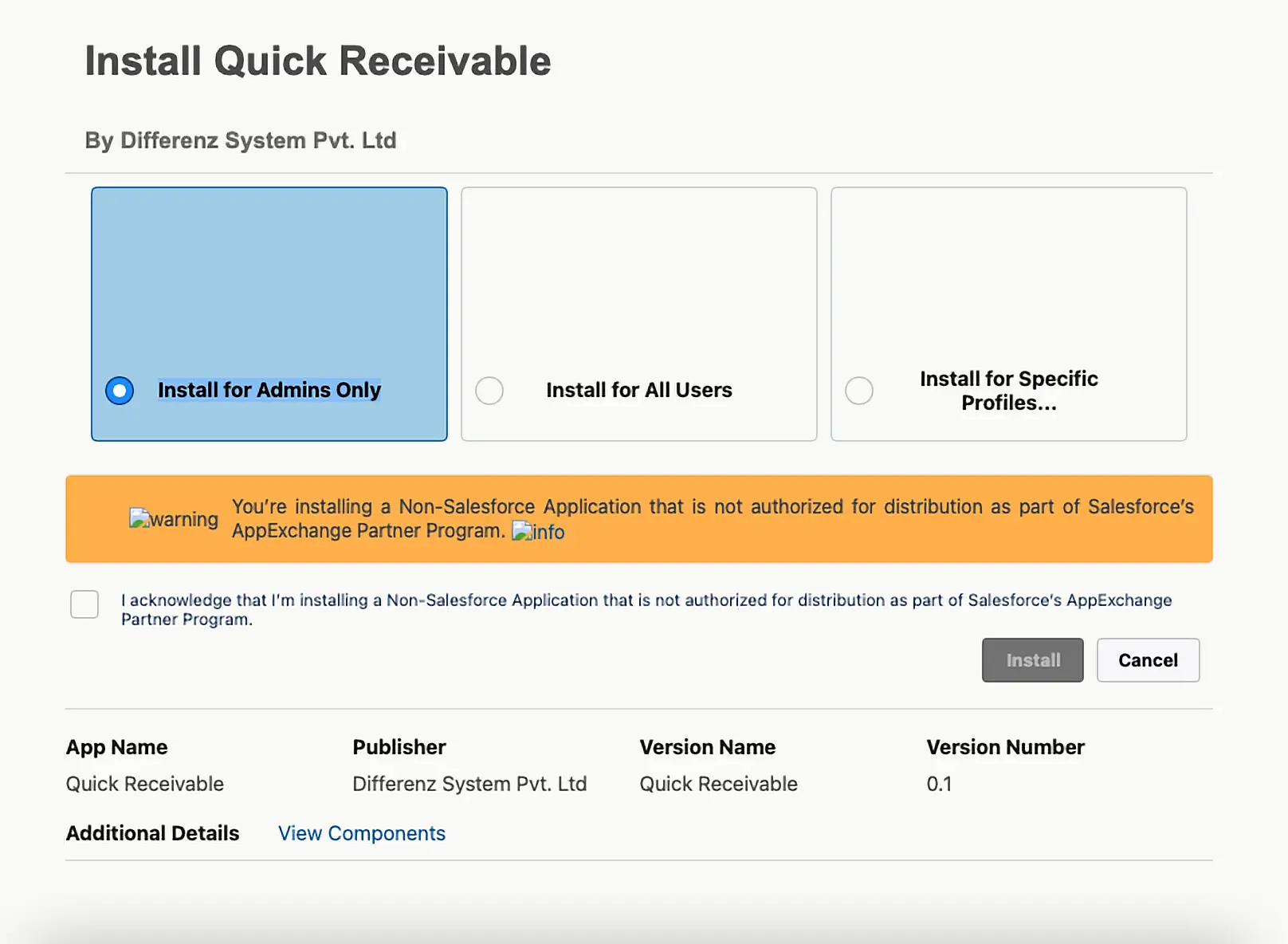 Quick Receivable package install screen with Install for Admins Only selected