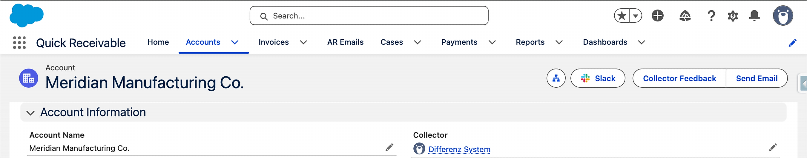 Account record in Quick Receivable showing the Collector field